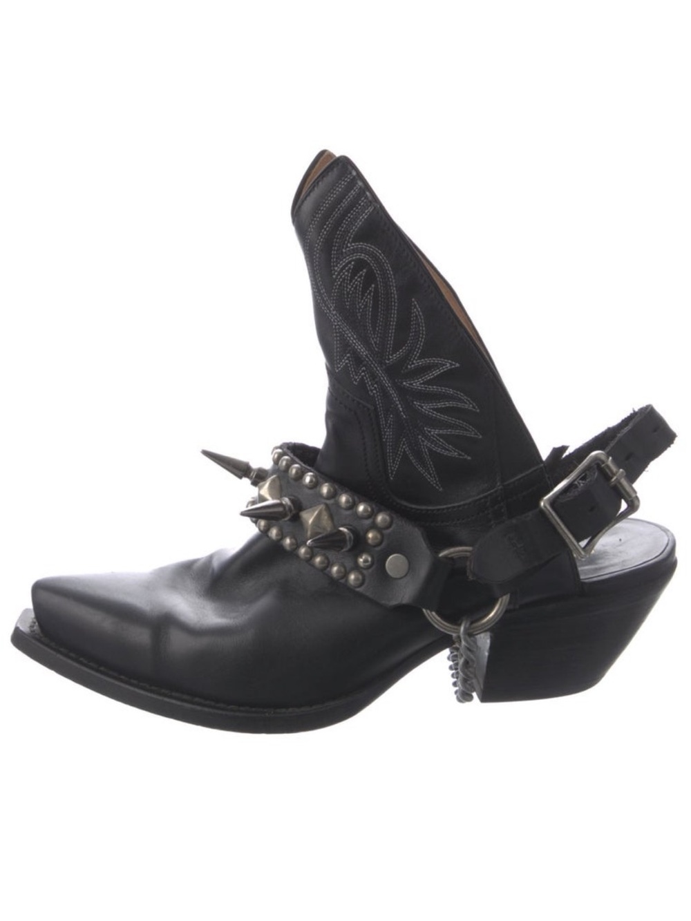 R13 Black Leather Western Backless Studded Harness Embroidered Ankle Boots 37 7